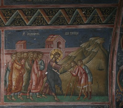 Jézus két vak embert gyógyít, Peć patriarchátusa (freskó) alkotó: School Serbian