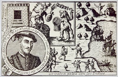 A spanyolok Juan de Grijalva vezetésével Yucatanban partra szállnak, és Maya harcosokkal harcolnak a champotoni csatában, 1518. május (litho) alkotó: School Spanish