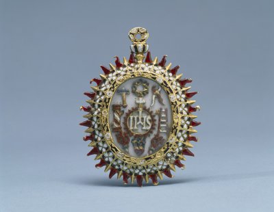 Kétoldalas medál Krisztus és a szenvedés szimbólumaival, valamint Krisztus a templomban a vének között, 16. század vége – 17. század eleje (arany, zománc és sötétbarna tinta törtfehér alapon) alkotó: School Spanish