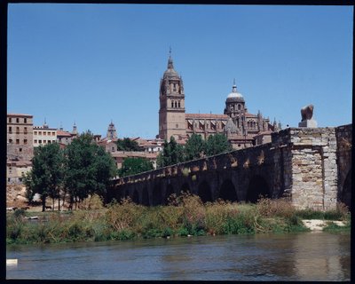 Kilátás a római hídra a folyón, Tormesre és a katedrálisra alkotó: School Spanish