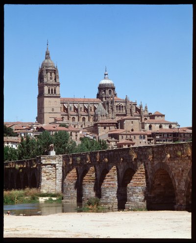 Kilátás a római hídra a Tormes folyón és a katedrálisra alkotó: School Spanish