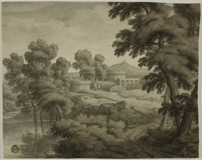 Olaszos tájkép kastéllyal, fákkal és vízzel az előtérben alkotó: School of Nicolas Poussin
