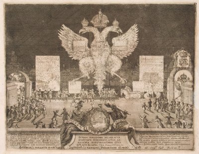 Tűzijáték Moszkvában 1704. január 1-jén, a Nyenskans svéd erőd elfoglalása alkalmából, 1705 alkotó: Schoonebeek