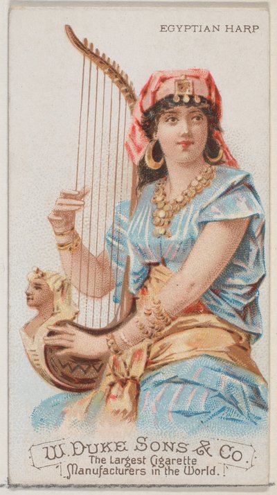 Egyiptomi hárfa, az N82 hangszerek sorozatból, Duke márkájú cigarettákhoz, 1888., 1888. alkotó: Schumacher and Ettlinger