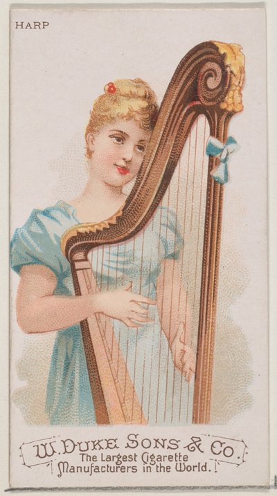 Hárfa, az N82 hangszerek sorozatból, Duke márkájú cigarettákhoz, 1888., 1888. alkotó: Schumacher and Ettlinger
