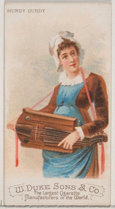Hurdy Gurdy, az N82 hangszerek sorozatból, Duke márkájú cigarettákhoz, 1888., 1888. alkotó: Schumacher and Ettlinger
