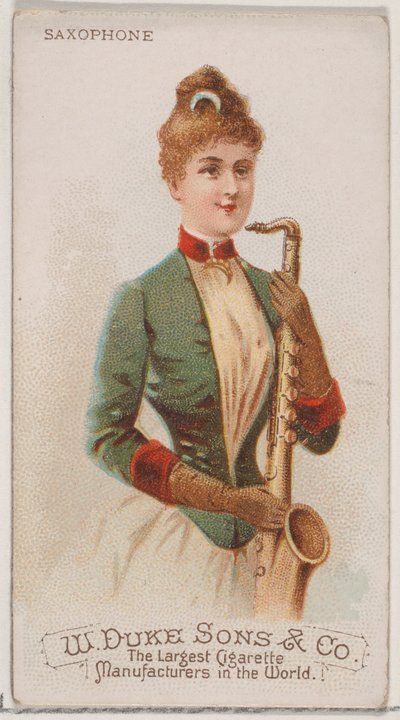 Szaxofon, a Musical Instruments N82 sorozatból Duke márkájú cigarettákhoz, 1888., 1888. alkotó: Schumacher and Ettlinger