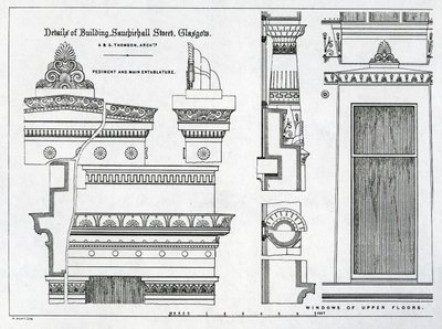 A Grecian Chambers építészeti részletei, 336-356 Sauchiehall Street, Glasgow, tervezte Alexander Greek Thomson, 1869 alkotó: Scottish School