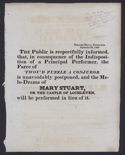 Értesítés a számlázott előadás változásáról a Theatre Royalben, Edinburgh, 1829. szeptember 30. (litho) alkotó: Scottish School