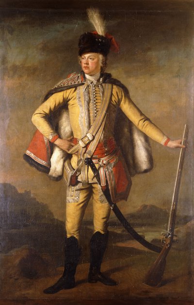 John Lindsay, Crawford 20. grófja és Lindsay portréja, huszáregyenruhában, Flintlock muskétával a kezében, Táj túl, 1745 körül alkotó: Scottish School
