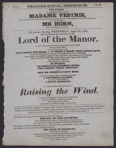 Színházi program a Theatre Royal számára, Edinburgh, 1823. augusztus 20. (litho) alkotó: Scottish School