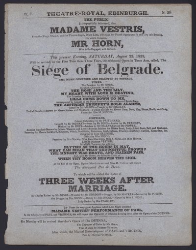 Színházi program a Theatre Royal számára, Edinburgh, 1823. augusztus 23. (litho) alkotó: Scottish School