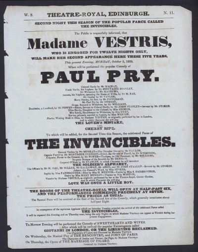 Színházi program a Theatre Royal számára, Edinburgh, 1829. október 5. (litho) alkotó: Scottish School