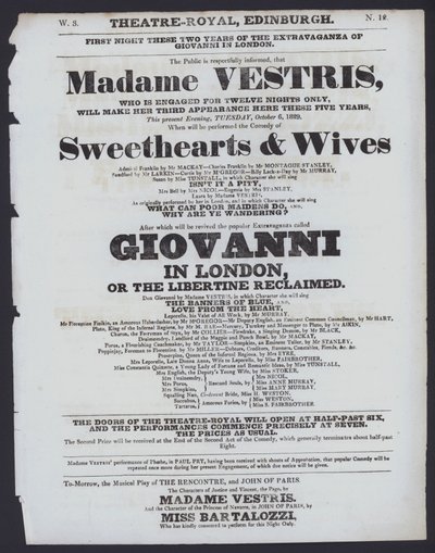 Színházi program a Theatre Royal számára, Edinburgh, 1829. október 6. (litho) alkotó: Scottish School