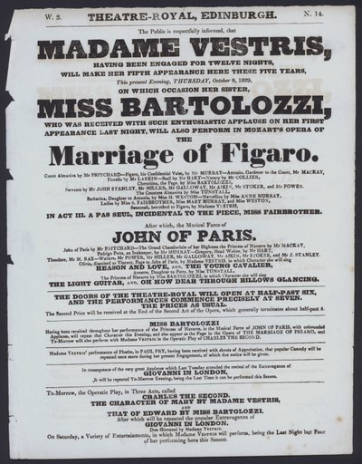 Színházi program a Theatre Royal számára, Edinburgh, 1829. október 8. (litho) alkotó: Scottish School