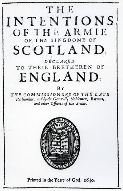 Címlap az 1640-ben kiadott Alexander Henderson „The Intentions of the Armie of the Scotland of the Kingdom of the Scotland” című művéhez (nyomtatott papír) alkotó: Scottish School