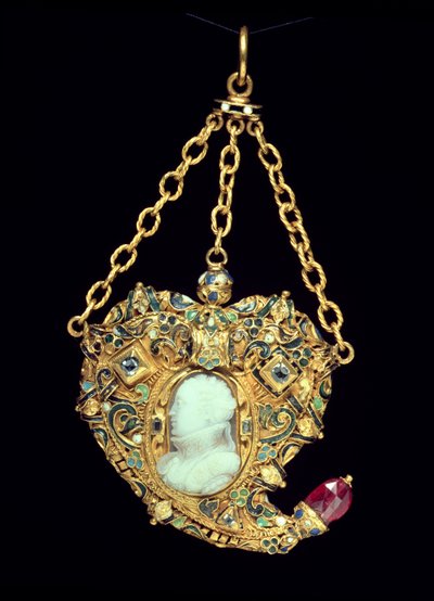 Medálkészlet, Mária, a skót királynő (1542-87) 16. század vége (arany és ónix) kameóportréjával alkotó: Scottish School
