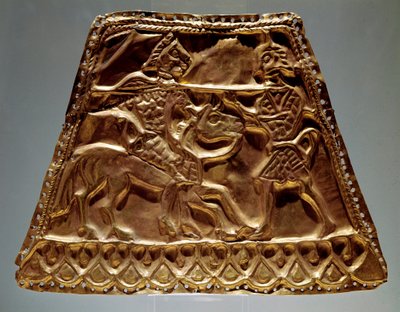 Arany lap, amelyen egy lovas látható, aki lándzsával támad egy harcosra (szkíta művészet, Kr.e. 5-3. század) alkotó: Scythian