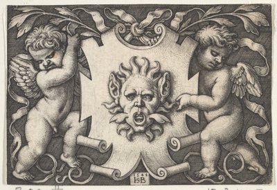 Két Genii által támogatott maszk egy takarón, 1544. alkotó: Sebald Beham
