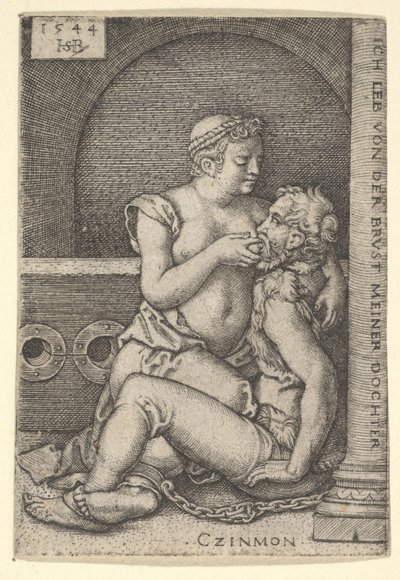 Cimon a jobb oldalon egy oszlopnak ülve szopta a mellette térdelő Perót, 1544. alkotó: Sebald Beham
