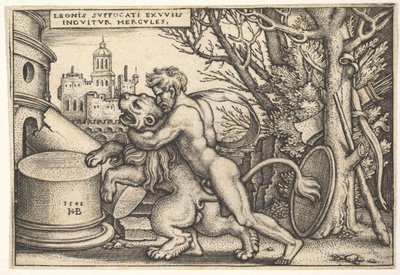 Herkules, profiljában, nyaka körül karral megöli a Nemeai oroszlánt, a Lab..., 1548-ból. alkotó: Sebald Beham