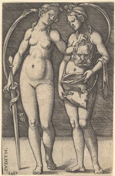 Judith jobbra áll, és Holofernész fejét tartja a jobb kezében, és egy..., kb. 1520-30. alkotó: Sebald Beham