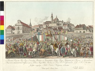 II. Ferenc császár koronázása magyar királlyá 1792. június 6-án Budapesten (rézmetszet) alkotó: Sebastian Mansfeld