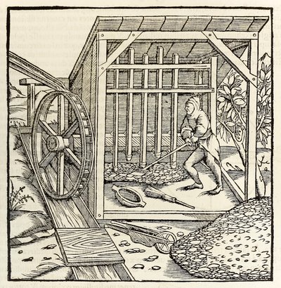 Bányászat vízikerékkel, Sebastian Munster „Cosmographiájának” 1550-es kiadásából (fametszet) alkotó: Sebastian Munster