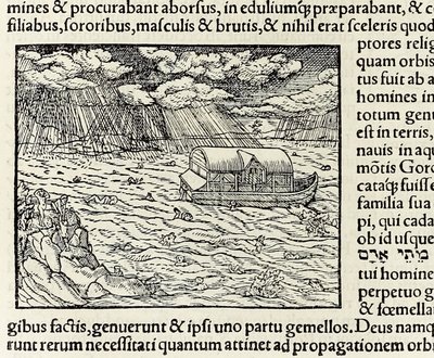 Noé bárkája és az özönvíz, a Cosmographia 1550-es kiadásából; szerző: Sebastian Munster (fametszet) alkotó: Sebastian Munster