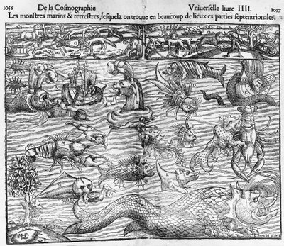 Tengeri és szárazföldi szörnyek, illusztráció a Cosmographia Universalisból, Sebastian Munster (1489-1552) alkotó: Sebastian Munster