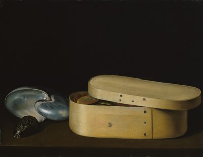Csendélet kagylókkal és faforgácsos dobozzal, 1620-as évek vége. alkotó: Sebastian Stoskopff
