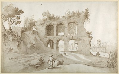 Konstantin-bazilika. Bejárati fal fantasztikus környezetben (toll és tinta mosással papíron) alkotó: Sebastian Vrancx
