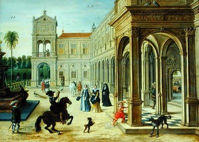 Horseman and Elegant Figures Outside a Palace Courtyard (oil on panel) alkotó: Sebastian Vrancx