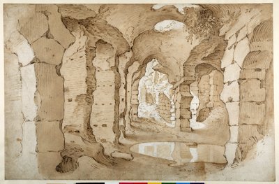 A Colosseum romjaiban (toll és barna tinta barna mosással fehér papíron) alkotó: Sebastian Vrancx