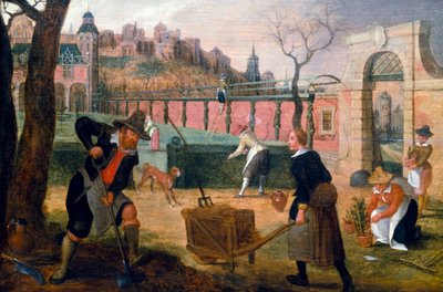 Kertészek munka közben egy város szélén lévő formális kertben. Sebastian Vrancx (1573-1647) festménye. Magángyűjtemény. alkotó: Sebastian Vrancx