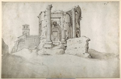 Tiburtine Sibyl templomának romjai a tivoliban (toll és barna tinta szürke barna mosással fehér papíron) alkotó: Sebastian Vrancx