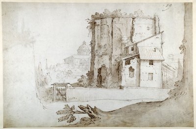 Romok a Celion az SS templommal. Giovanni e Paolo (toll és barna tinta szürke barna mosással fehér papíron) alkotó: Sebastian Vrancx