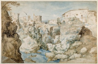 Kilátás a Tivolira a Tiburtine Sibyl templomával és a vízeséssel (toll és tinta barna és kék mosással a papíron) alkotó: Sebastian Vrancx