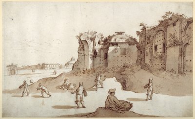 Fiatal férfiak pelotát játszanak Diocletianus fürdőjében; S. Bernardino a távolban; a Bellaiani hosszú fala (toll és barna tinta barna mosással a papíron) alkotó: Sebastian Vrancx