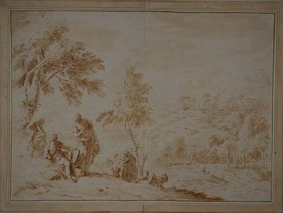 Kiterjedt lelkipásztori táj dombvárossal, 1720 körül (barna tinta és mosás) alkotó: Sebastiano Ricci