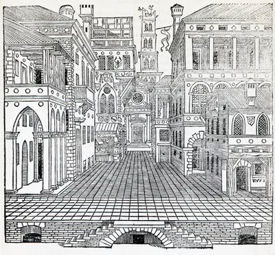 Varázsjelenet, színházi jelenettervező: Sebastiano Serlio (1475-1554), illusztráció az Építészetről szóló traktátusból, II. alkotó: Sebastiano Serlio