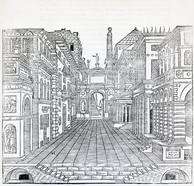 Varázsjelenet, színházi jelenettervező: Sebastiano Serlio (1475-1554), illusztráció az Építészetről szóló traktátusból, II. alkotó: Sebastiano Serlio