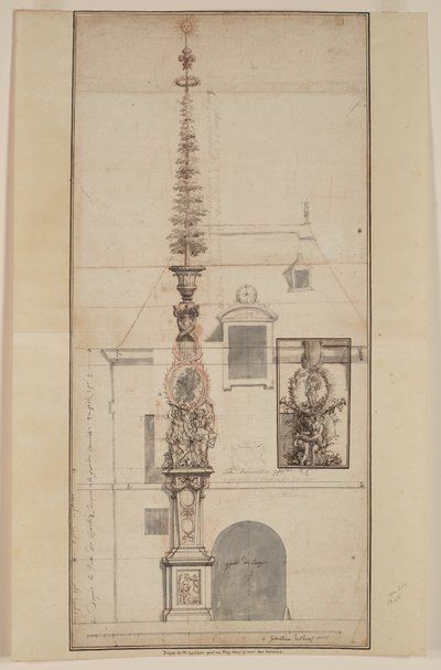 Projet de Mai des Gobelins permanent (recto) (fekete kréta, vörös kréta, toll, fekete és barna tinta, szürke mosás, két összeillesztett lapon) alkotó: Sebastien I Le Clerc