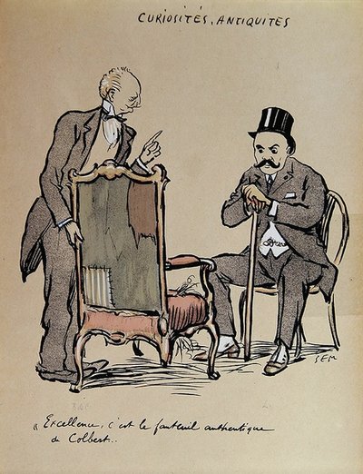 Gazdag műgyűjtő egy széket vizsgál, amely állítólag Colbert tulajdonában volt. 1919 körül (színes litó) alkotó: Sem
