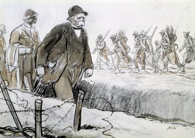 Első világháború: Clemenceau (1841-1929) portréja a frontra látogató burkolatban. Georges Goursat dit Sem rajza (1863-1934) alkotó: Sem