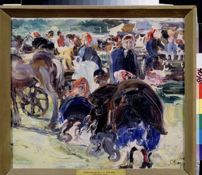 Vásár. Tartományi piactér parasztasszonyokkal és kereskedőkkel. Szemjon Gavrilovics Nikiforov (1877-1912) festménye, olaj, vászon alkotó: Semen Gavriilovich Nikiforov