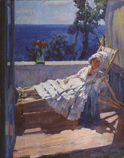 Egy hölgy az erkélyen, 1916 alkotó: Sergei Arsenevich Vinogradov