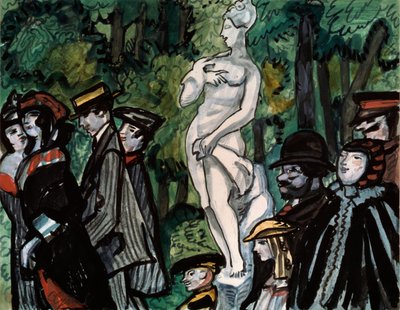 A nyári kertben. (Családok a legjobb vasárnapi séta során egy szobor körül Szentpéterváron). Szergej Jurijevics Sudejkin (Serge Soudeikine) (1882-1946) munkája, ceruza, gouache és tinta papíron. orosz művészet alkotó: Sergei Yurevich Sudeikin