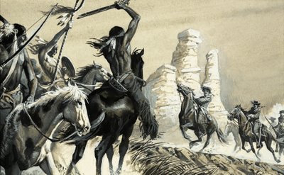 Két felderítő csapat meglepetésszerű találkozása, az egyik indián, a másik amerikai lovasság. alkotó: Severino Baraldi