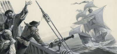 Ferdinand Magellán (1480-1521) a Csendes-óceán felfedezéséről (gouache, papír) alkotó: Severino Baraldi